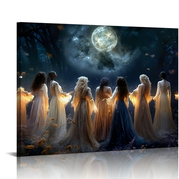 Vintage Halloween The Forest Witches Canvas Wall Art Painting ，Gothic Print Pictures for Home Wall Decor Horror Creepy Dark Posters for Living Room Bedroom Bar Home Halloween Party Decor Framed