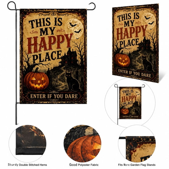 Vintage Halloween Garden Flag,This Is My Happy Place Double Sided Yard Flag,Pumpkin Black Cat Haunted Castle Bat Decorative Flag for Outdoor Porch Lawn,Waterproof Durable Farmhouse Halloween Decor