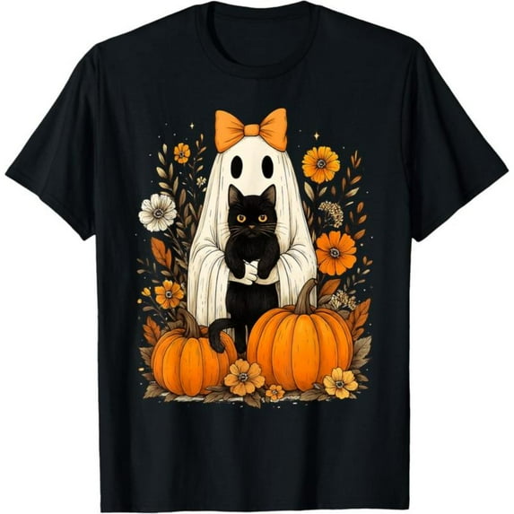Vintage Halloween Ghost Black Cat Graphic Tees for Women,Pattern printing，Causal Tops ，Crew neck，Classic，cotton，black，S-5XL