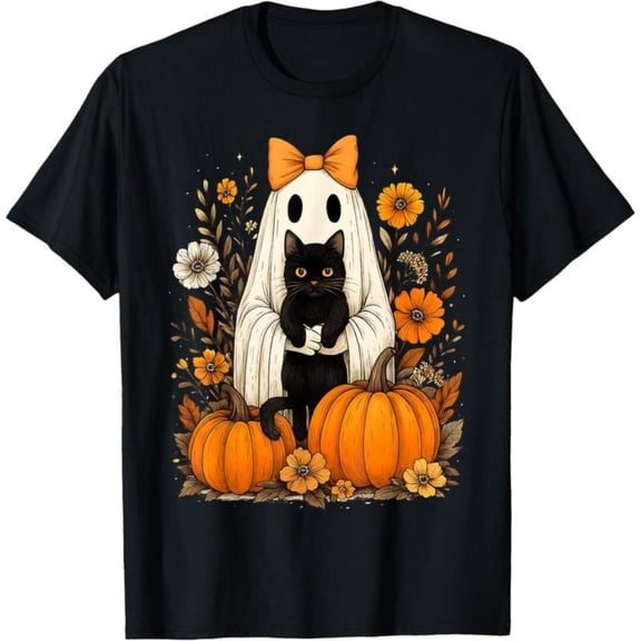 Vintage Halloween Ghost Black Cat Graphic Tees for Women,Pattern printing,Causal Tops ,Crew neck,Classic,cotton,black,S-5XL