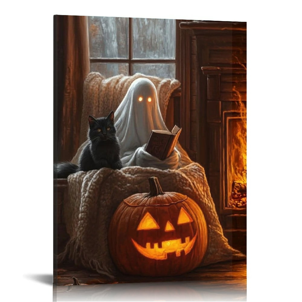 Vintage Halloween Ghost Black Cat and Pumpkin Canvas Wall Art Painting ...