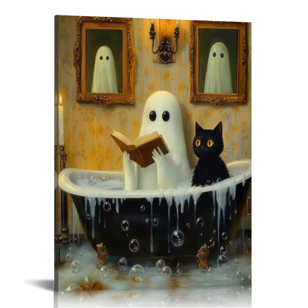 Vintage Halloween Ghost and Black Cat On the bathtub Canvas Wall Art ...