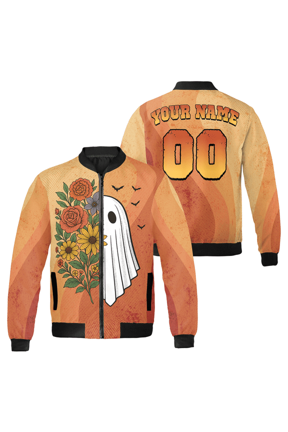 Vintage Halloween Ghost Bomber Jacket - Custom Name & Number - Floral Fall Spirit Unisex Outerwear