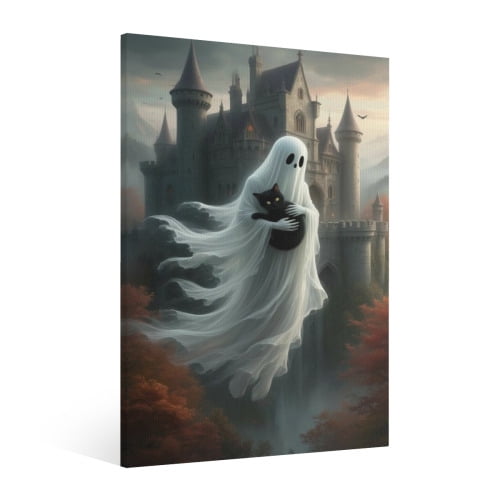 Vintage Halloween Ghost Canvas Wall Art Painting, Retro Horror Creepy Dark Poster, Halloween Gothic Artwork Picture Print Decor, Spooky Ghost Wall Decor for Bar Living Room Bedroom Party Framed 