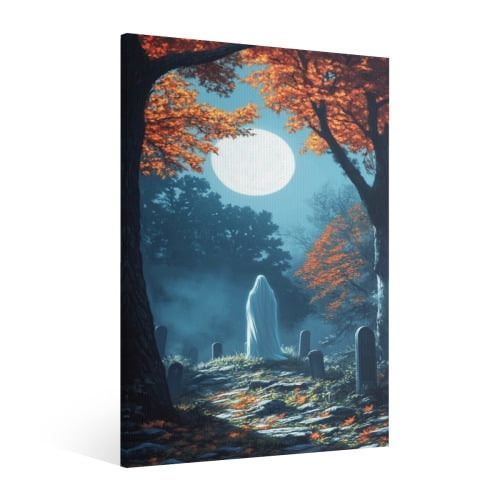 Vintage Halloween Ghost Canvas Wall Art Painting, Retro Horror Creepy Dark Poster, Halloween Gothic Artwork Picture Print Decor, Spooky Ghost Wall Decor for Bar Living Room Bedroom Party Framed