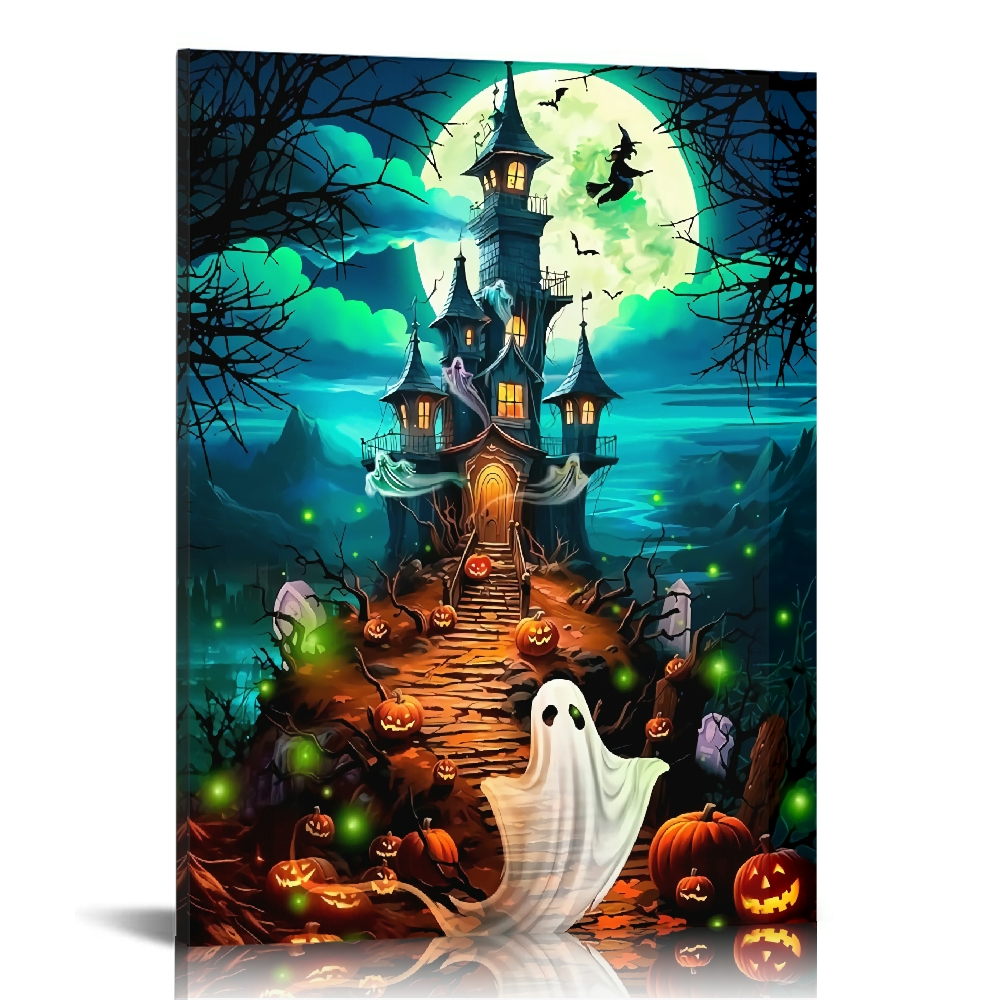 Vintage Halloween Ghost Castle and Pumpkin Canvas Wall Art Painting ...
