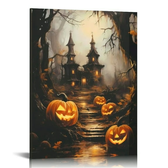 Vintage Halloween Ghost Castle, Pumpkin Lantern Canvas Wall Art Painting ，Gothic Print Pictures for Home Wall Decor Horror Creepy Dark Posters for Living Room Bar Home Halloween Party Decor Framed