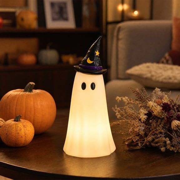 Vintage Halloween Ghost Decoration, Blow Mold Ghost With Witch Hat LED Light, 12 Inch Lighted Halloween Tabletop Decor, Retro Spooky Ghost Lamp for Mantel Window Entryway Fall Home Decor