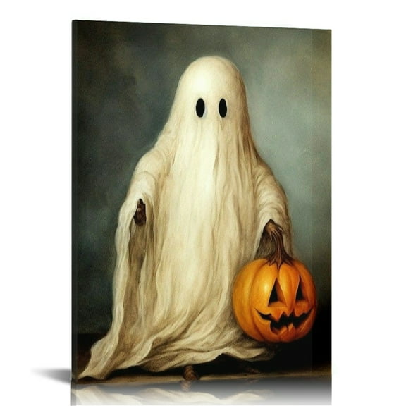 Vintage Halloween Ghost and Pumpkin Canvas Wall Art Painting,Gothic Print Pictures for Home Wall Decor Horror Creepy Dark Posters for Living Room Home Halloween Party Decor Framed
