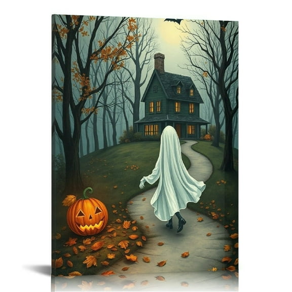 Vintage Halloween Ghost and Pumpkin Canvas Wall Art Painting,Gothic Print Pictures for Home Wall Decor Horror Creepy Dark Posters for Living Room Home Halloween Party Decor Framed