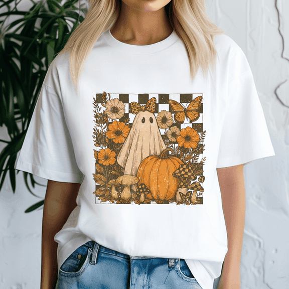 Vintage Halloween Ghost And Pumpkin Floral Women Tee, Thanksgiving Shirt,Turkey Tee, Holiday Gift, Happy Thanksgiving Tshirt, Turkey Day, Family Gobble ,Pumpkin Season