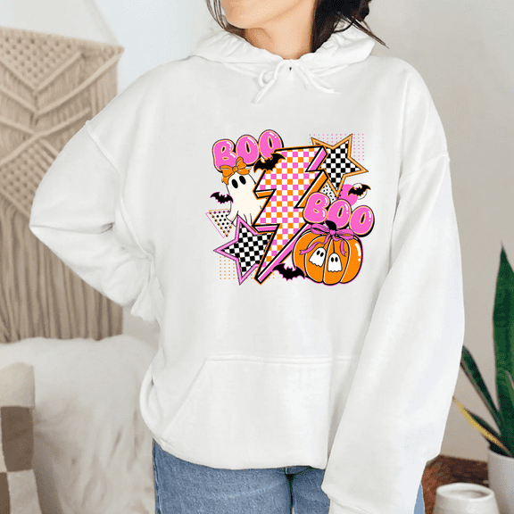 Vintage Halloween Ghost Pumpkin Print Long Sleeve tops trendy and popular patterned white hooded sweatshirts Coquette Boo Ghost Hooded Graphic Tees Casual Plaid Sweatshirts Spooky White,S