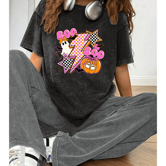 Vintage Halloween Ghost Pumpkin Print T-shirts Coquette Boo Ghost Graphic Tees Short Sleeve Casual Plaid Acid Washed Tops Spooky Season Shirts Black,L