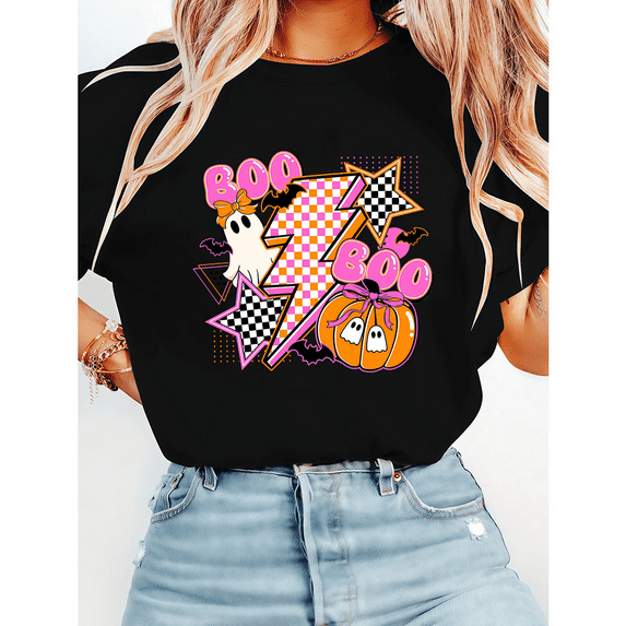 Vintage Halloween Ghost Pumpkin Print T-shirts Coquette Boo Ghost Graphic Tees Short Sleeve Casual Plaid Tops Spooky Season Shirts Black,M