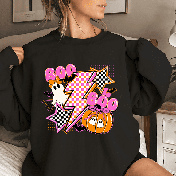 Vintage Halloween Ghost Pumpkin Print Tops Round-neck pure cotton sweatshirt Coquette Boo Ghost Casual Sweatshirts Long Sleeve Plaid Pullover Spooky Season Shirts Black,M