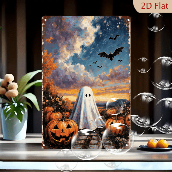 Vintage Halloween Ghost & Pumpkins 8x12 Inches Metal Wall Art, Dusk Sky with Bats and Autumn Leaves, Distressed Retro Poster Print for Home Decor