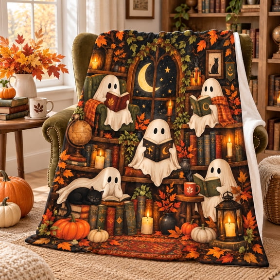 Vintage Halloween Ghost Reading Blanket with Books, Autumn Leaves, Moon, Pumpkins and Black Cat, Flannel Throw for Couch, Bed and Reading Nook, 50 x 60 in