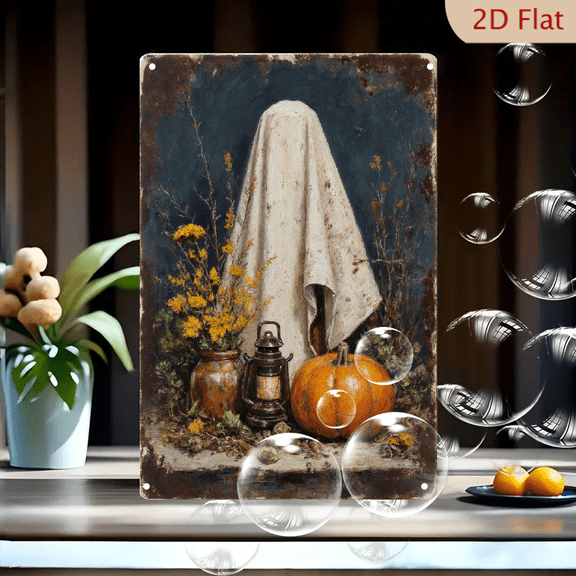 Vintage Halloween Ghost Tin Sign 8x12 Inches, Old-Fashioned Still Life with Pumpkin Lantern & Flowers, Weathered Metal Wall Art for Autumn Home Decor