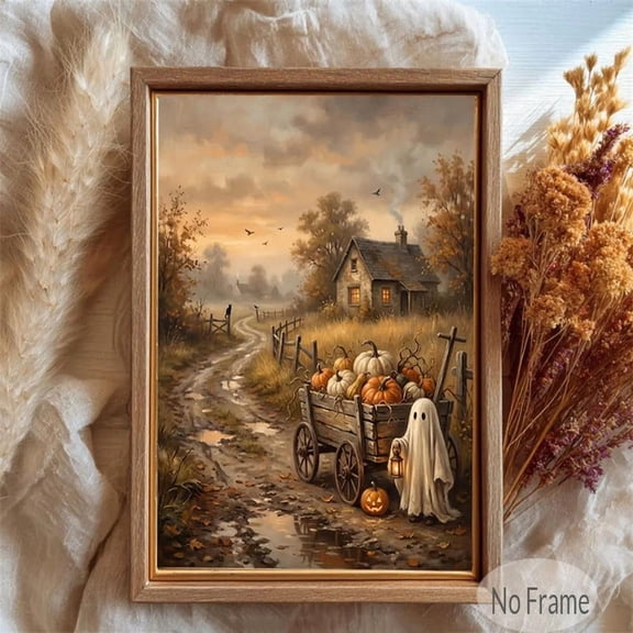 Vintage Halloween Ghost Wall Art Print Poster Pumpkin Wagon Autumn Landscape Painting For Rustic Fall Home Halloween Wall Decor Unframed 24L" x 16W"