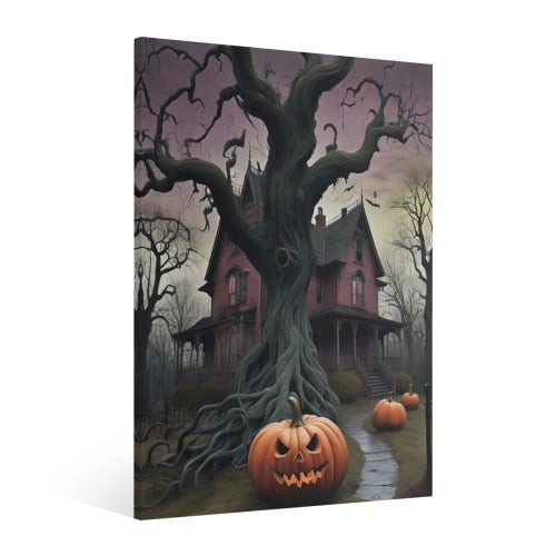 Vintage Halloween Ghost house, pumpkin Canvas Wall Art Painting, Gothic Print Pictures for Home Wall Decor Horror Creepy Dark Posters for Living Room Bedroom Bar Home Halloween Party Decor Framed