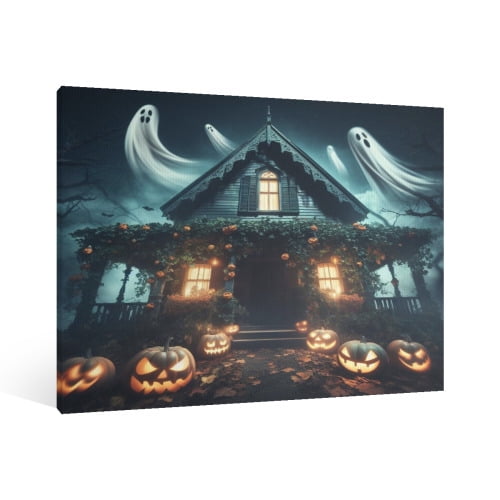 Vintage Halloween Ghost house, pumpkin, ghost Canvas Wall Art Painting, Horror Creepy Dark Poster,Gothic Artwork Picture Print Decor, Spooky Ghost Wall Decor for Bar Living Room Bedroom Party Framed