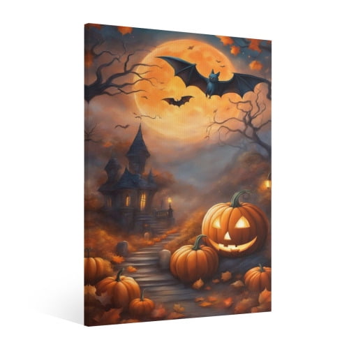 Vintage Halloween Ghost house,pumpkin lantern Canvas Wall Art Painting,Horror Creepy Dark Poster,Gothic Artwork Picture Print Decor,Spooky Ghost Wall Decor for Bar Living Room Bedroom Party Framed