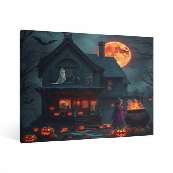 Vintage Halloween Ghost house,pumpkin lantern Canvas Wall Art Painting,Horror Creepy Dark Poster,Gothic Artwork Picture Print Decor,Spooky Ghost Wall Decor for Bar Living Room Bedroom Party Framed