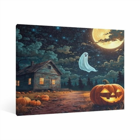 Vintage Halloween Ghost house,pumpkin lantern Canvas Wall Art Painting,Horror Creepy Dark Poster,Gothic Artwork Picture Print Decor,Spooky Ghost Wall Decor for Bar Living Room Bedroom Party Framed
