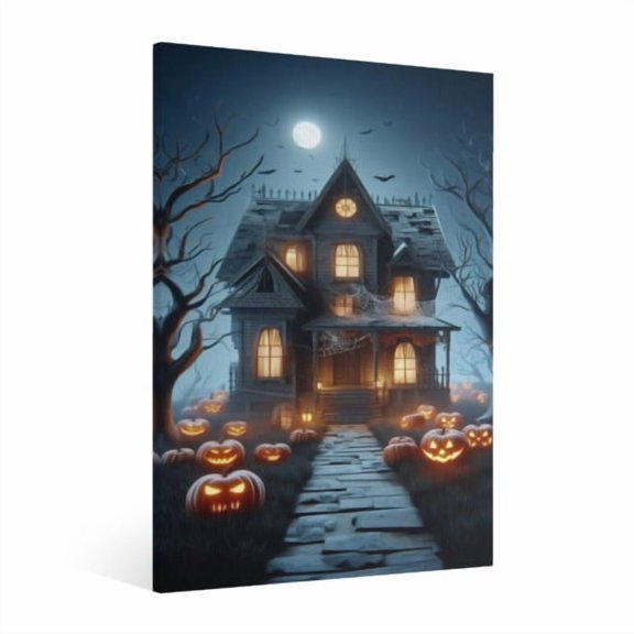 Vintage Halloween Ghost house,pumpkin lantern Canvas Wall Art Painting,Horror Creepy Dark Poster,Gothic Artwork Picture Print Decor,Spooky Ghost Wall Decor for Bar Living Room Bedroom Party Framed