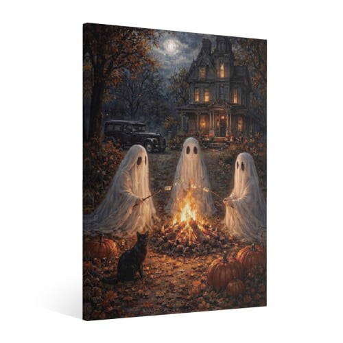 Vintage Halloween Ghosts Canvas Wall Art Painting,Halloween Gothic Print Pictures for Home Wall Decor Retro Horror Creepy Dark Posters for Living Room Bedroom Bar Home Party Decor Framed