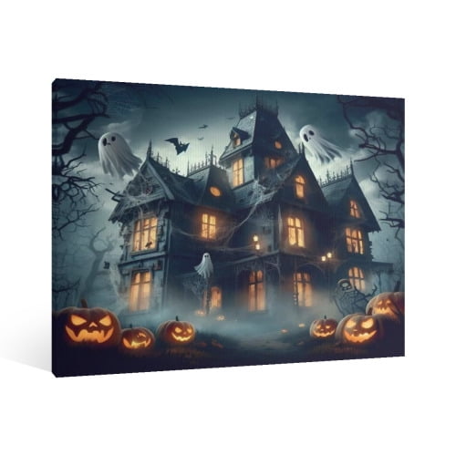 Vintage Halloween Ghosts, castles Canvas Wall Art Painting, Retro Horror Creepy Dark Poster,Gothic Artwork Picture Print Decor, Spooky Ghost Wall Decor for Bar Living Room Bedroom Party Framed