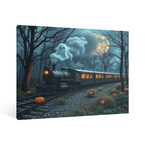 Vintage Halloween Ghosts on the train Canvas Wall Art Painting, Retro Horror Creepy Dark Poster,Gothic Artwork Picture Print Decor, Spooky Ghost Wall Decor for Bar Living Room Bedroom Party Framed