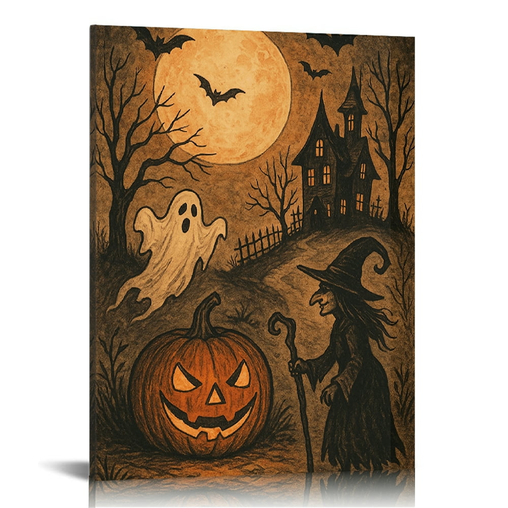 Vintage Halloween Ghosts, witches, pumpkins Canvas Wall Art Painting ...