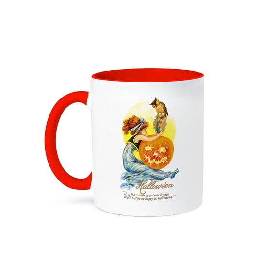 3dRose, Vintage Halloween Girl with a Jack O Lantern Pumpkin and an Owl, 11oz Two-Tone Red Mug