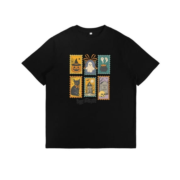 Vintage Halloween Graphic Tee, Spooky Stamp T-Shirt, Ghost Pumpkin Cat Top, Crew neck T-Shirt for Women, Classic，cotton，black，S-5XL