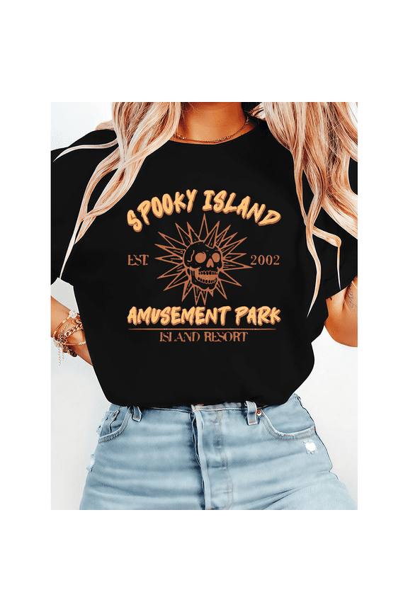 Vintage Halloween Graphic Tees Spooky Island Print T-shirts Disco Skull Casual Tops Short Sleeve 90s Cotton Shirts for Daily Outfits Black,L