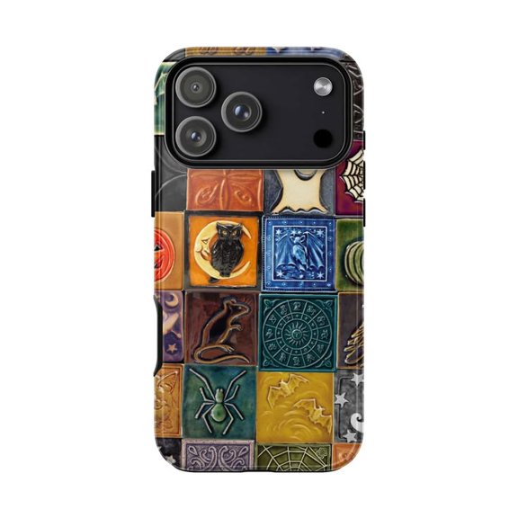 Vintage Halloween Grid Phone Case, Retro Ceramic Talavera Spooky Witchy Case for iPhone 17 16 15 14 13 12 11 Plus Pro Max Mini
