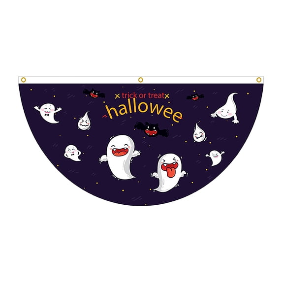 Vintage Halloween Half Round Bunting Decor, Pumpkin Ghost Hanging Banner with Brass Grommets, Indoor Outdoor Halloween Party Decoration E