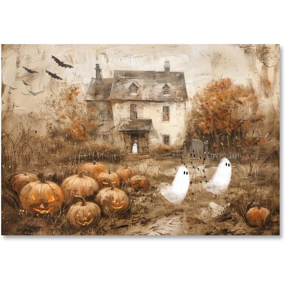 Vintage Halloween Haunted Farmhouse Rustic Pumpkin Patch With Cute Ghos Wall Art, Seasonal Living Room And Home Decor