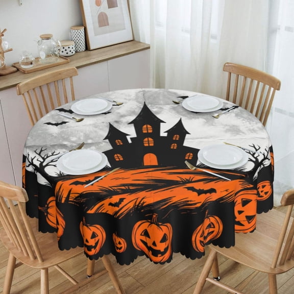 Vintage Halloween Haunted House Pumpkin Ring Round Tablecloth Waterproof Oil Proof Spill Proof Table Cloth 70" for Camping, Dining, Indoor and Outdoor Table Cover