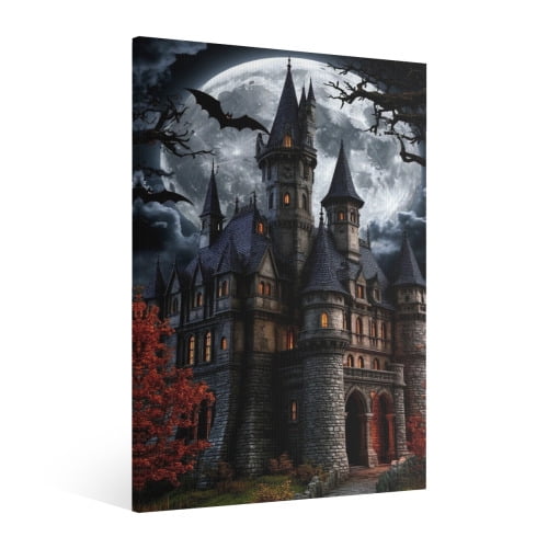 Vintage Halloween Haunted house, bat Canvas Wall Art Painting, Horror Creepy Dark Poster, Gothic Artwork Picture Print Decor, Spooky Ghost Wall Decor for Bar Living Room Bedroom Party Framed