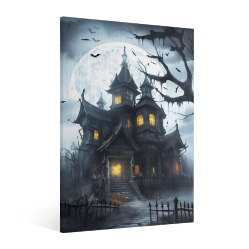 Vintage Halloween Haunted house, bat Canvas Wall Art Painting, Retro Horror Creepy Dark Poster, Gothic Artwork Picture Print Decor, Spooky Ghost Wall Decor for Bar Living Room Bedroom Party Framed