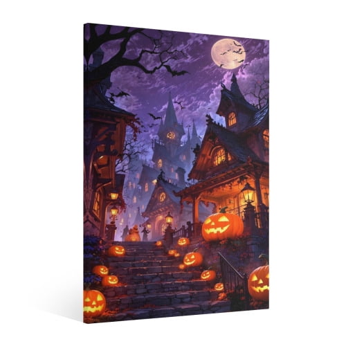 Vintage Halloween Haunted house, bat, pumpkin Canvas Wall Art Painting, Horror Creepy Dark Poster, Gothic Artwork Picture Print Decor, Spooky Ghost Wall Decor for Bar Living Room Bedroom Party Framed