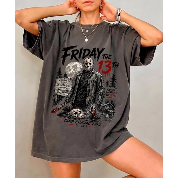 Vintage Halloween Horror Movie T-shirt, Camp Crystal Lake Shirt, Horror Fan Friday the 13th Gift,Charcoal Color,Size 2XL
