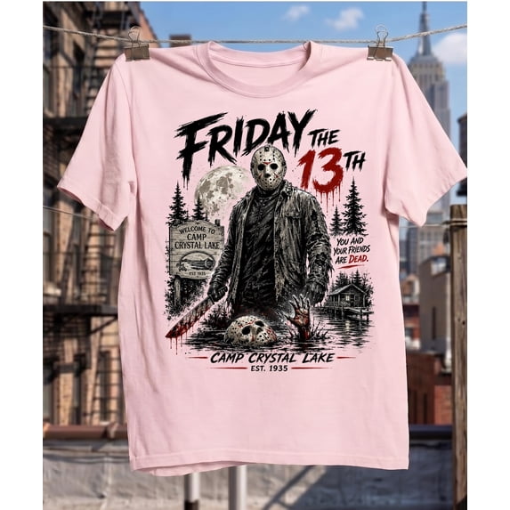 Vintage Halloween Horror Movie T-shirt, Camp Crystal Lake Shirt, Horror Fan Friday the 13th Gift,Light Pink Color,Size XL