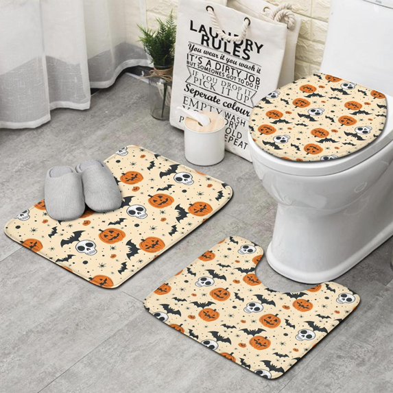 Vintage Halloween Icons Pattern Bathroom Rugs Sets 3 Piece,Toilet Cover Set,Absorbent Non Slip Bathroom Mats Sets with U-Shaped Contour Rug Toilet Rug Set