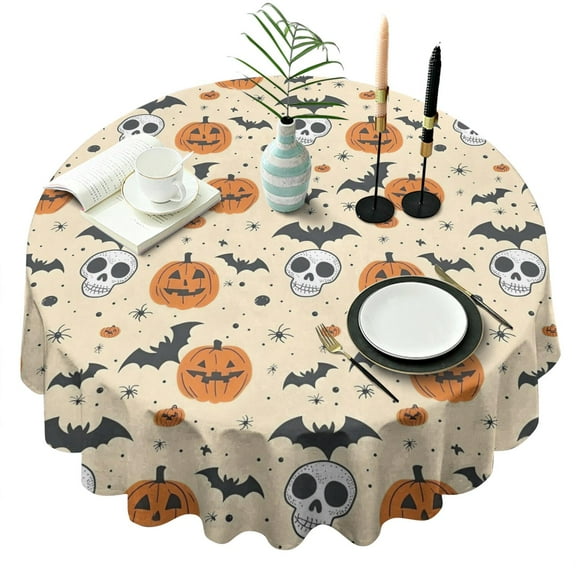 Vintage Halloween Icons Pattern Round Tablecloth 60"x60",Wrinkle Wipeable Table Cloth for Kitchen Dining Room Picnic Patio Party