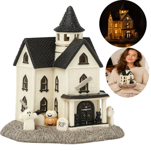 Vintage Halloween Light-Up Manor Figurine Decor ,8x6Inch Resin Haunted House, Halloween Decor Indoor, Pumpkins, Ghost, Fall Decor Spooky Table Decoration ,3 AAA Batteries Not Included