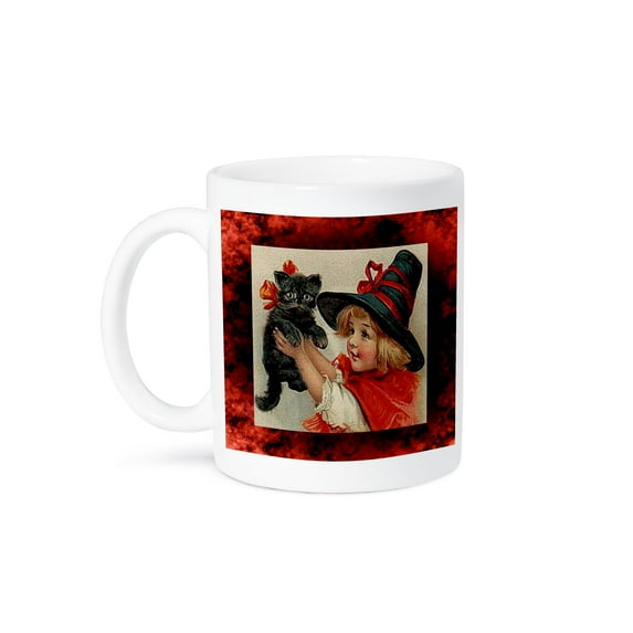 3dRose, Vintage Halloween Little Girl Holding Black Cat, 15oz Mug