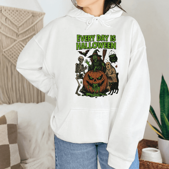 Vintage Halloween Long Sleeve Tops Every Day Is Halloween Graphic Tees Horror Charactersr Hooded Casual Sweatshirts Cotton Shirts White,S